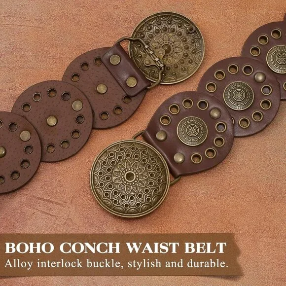 Women Vintage Disc Waist Concho Leather Belt Boho Waist Belt Brown Bronze Buckle - Picture 3 of 7